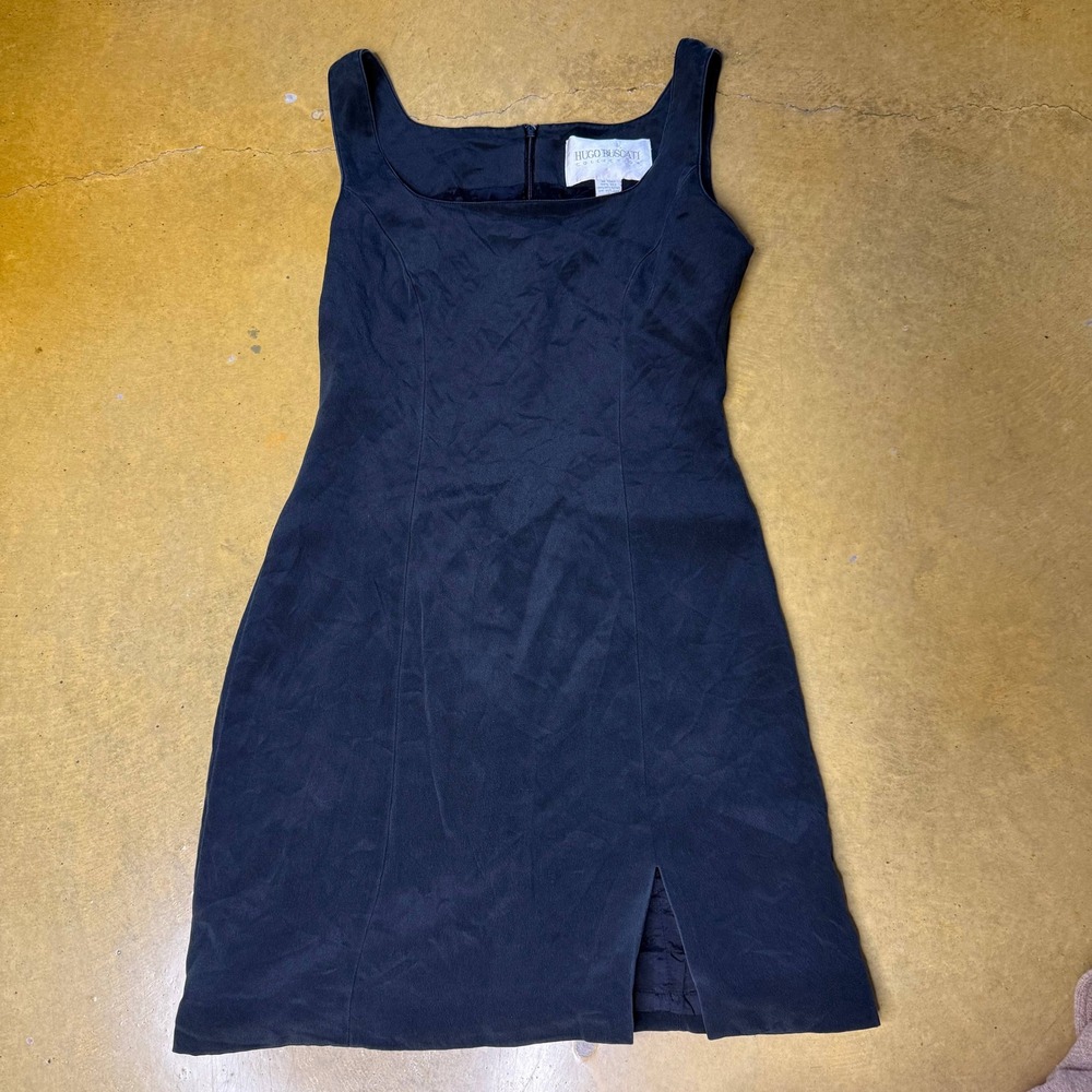 Hugo Buscatti‎ Women's Black 100% Silky y2k Sleeveless Square Neck Dress Size 8